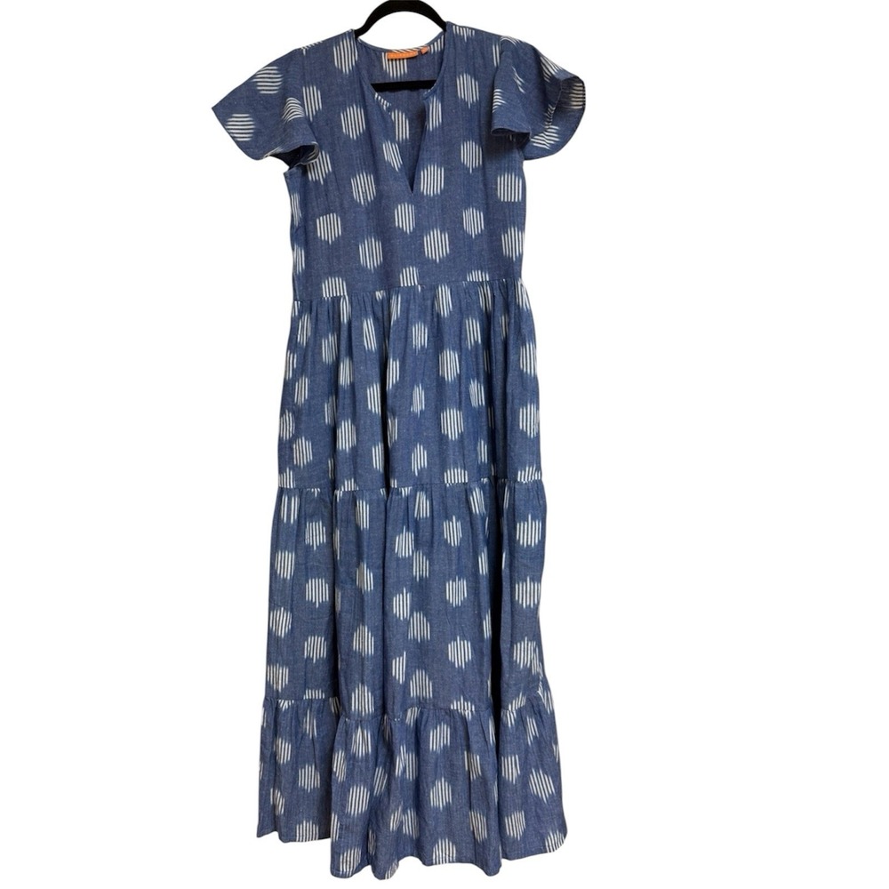 Oliphant Chatham Maxi Dress Blue White Ikat Cotton Tiered - XS